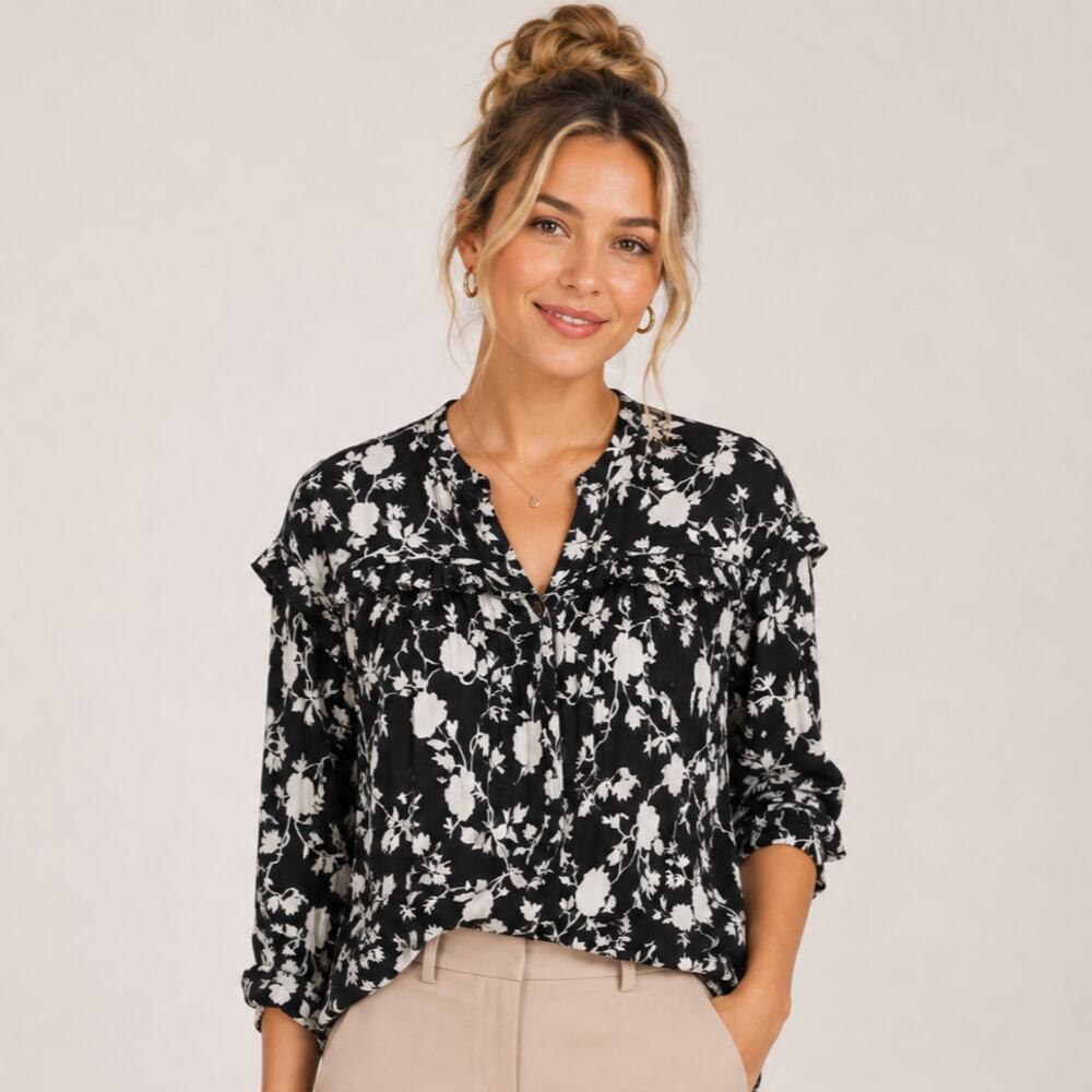 Tolani Collection Blouse Womens Size L Viscose Black White Floral Coastal Office